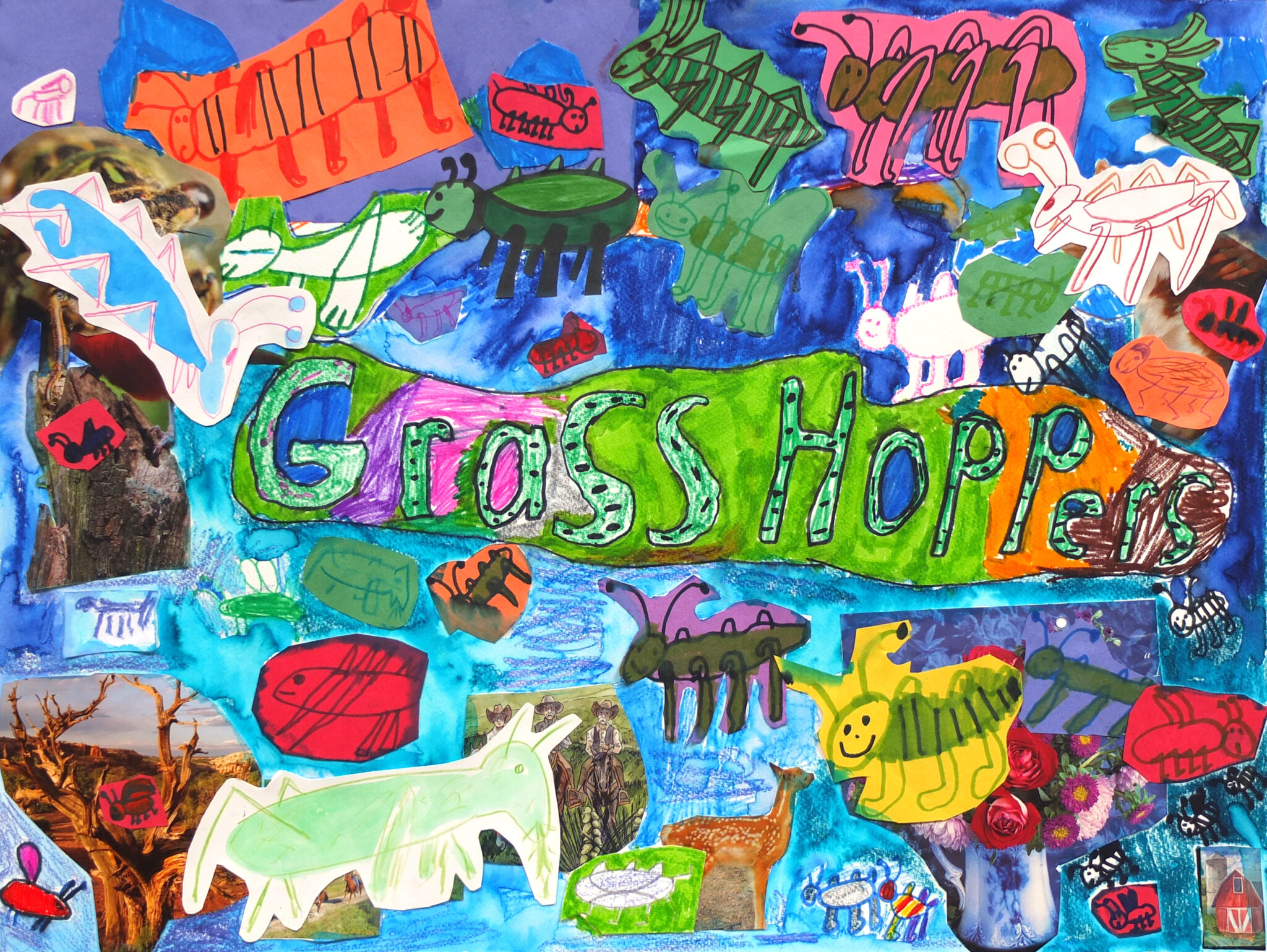 Childlike colorful drawing of bugs with the word 'Grasshopper'